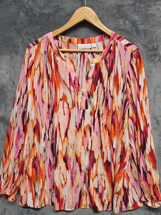 Belle by Kim Gravel Tops - Belle by Kim Gravel Pink Orange Abstract Print Long-Sleeve Blouse Sz 2X